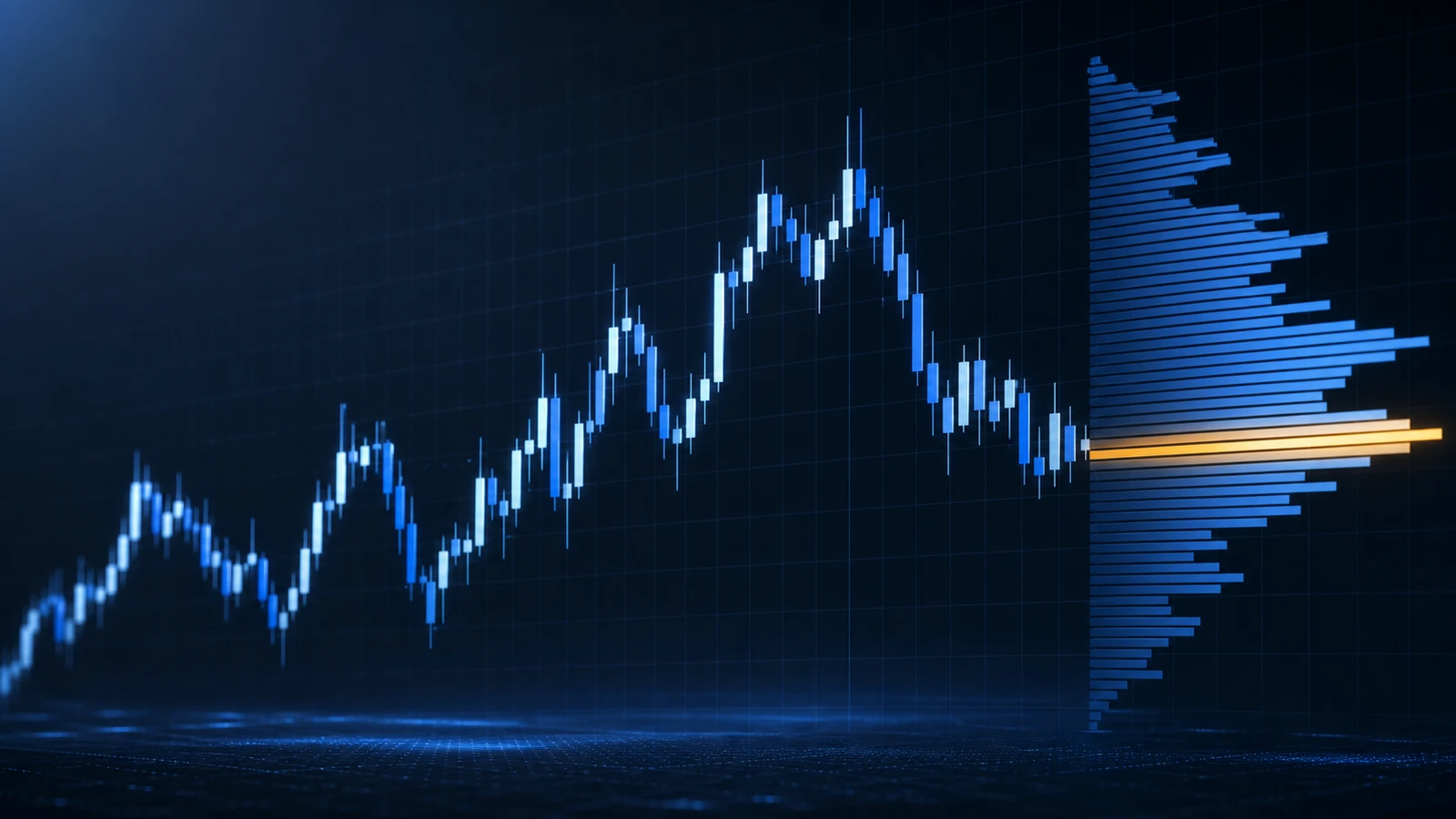 Dark trading chart with a horizontal Volume Profile showing where activity concentrated by price